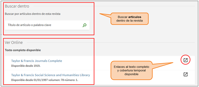 Captura de pantalla de una revista-e, mostrando las opciones para acceder al texto completo y para buscar artículos dentro de la revista