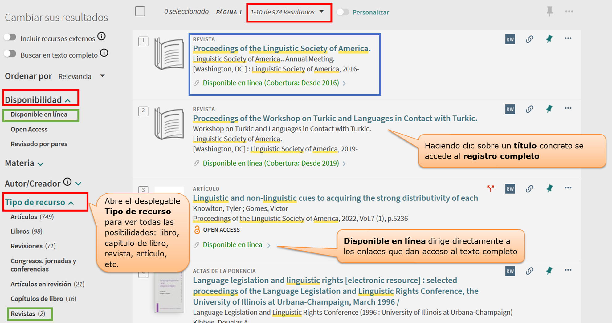 Captura de pantalla mostrando cómo aplicar los filtros 'Disponible en línea' y tipo de material 'Revistas' en la página de resultados