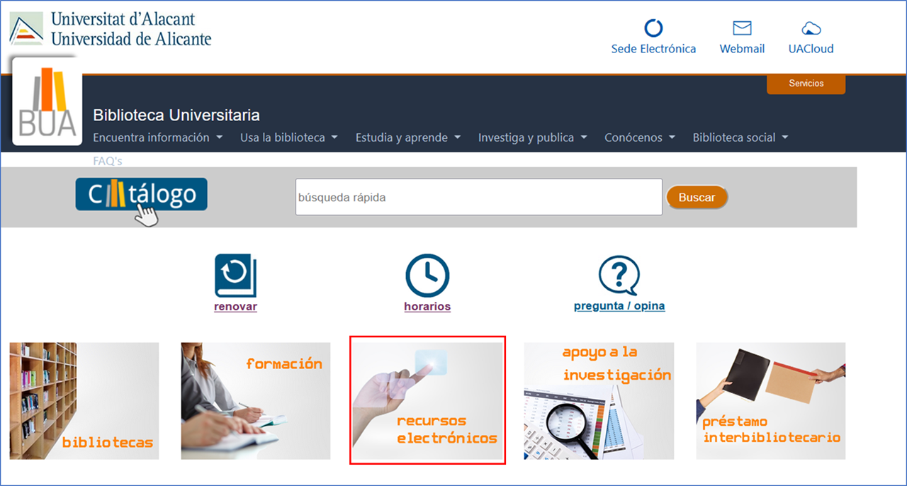 Captura de pantalla mostrando el cuadro Acceso directo a Recursos-e desde la página de inicio en la BUA