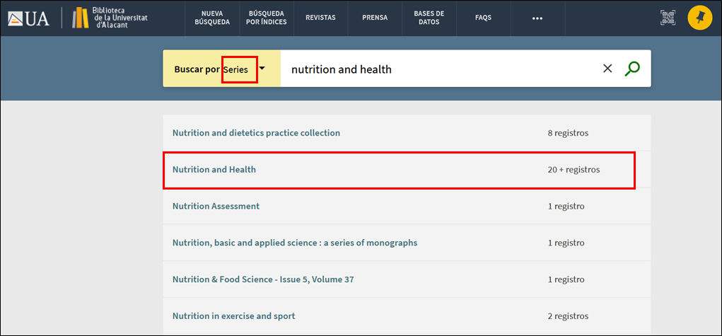 Captura de pantalla mostrando cómo buscar la colección 'Nutrition and health' en el índice de series. 
