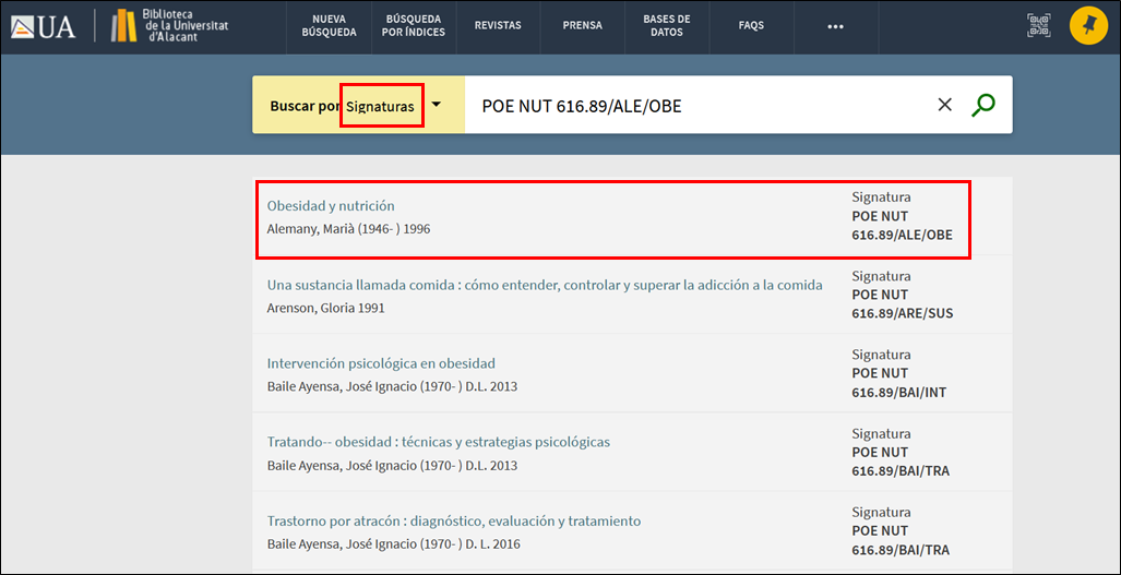Captura de pantalla que muestra cómo usar la búsqueda por índices para buscar la signatura POE NUT 616.89/ALE/OBE, correspondiente al libro "Obesidad y nutrición".