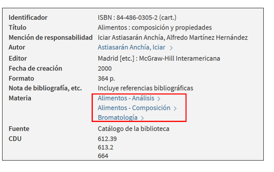Captura de pantalla del catálogo en la que se muestra que el libro 'Alimentos: composición y propiedades' tiene asignadas tres materias.