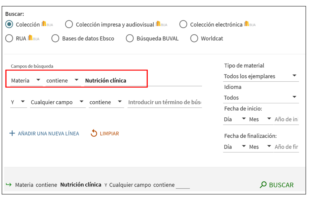 Captura de pantalla del catálogo mostrando cómo buscar la materia 'Nutrición clínica' utilizando el formulario de búsqueda avanzada.
