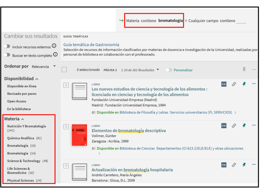 Captura de pantalla del catálogo, mostrando la lista de resultados tras buscar la materia 'Bromatología', señalando la ubicación del filtro 'Materia'.