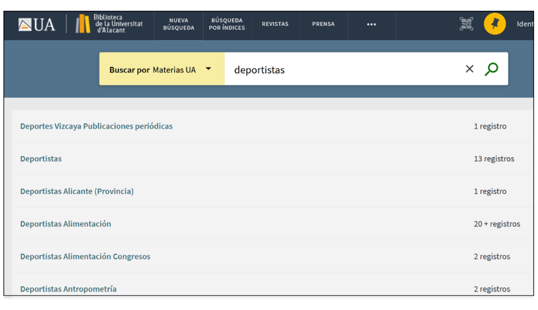 Captura de pantalla del catálogo mostrando el resultado de buscar 'Deportistas' en el índice de materias.