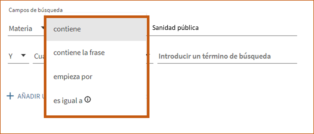 Captura de pantalla en la que se muestran las distintas opciones de búsqueda por materia
