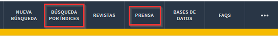 Captura de pantalla del menú superior del catálogo, resaltando las opciones 'Búsqueda por índices' y 'Prensa'.
