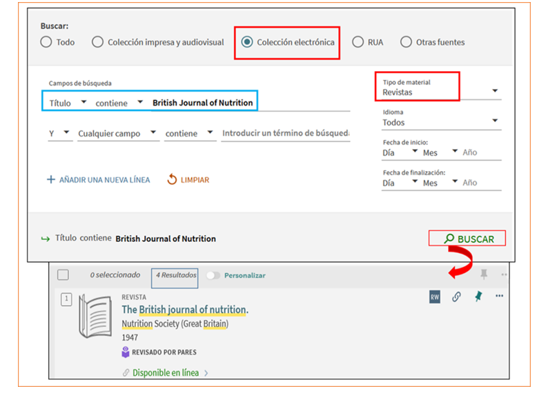 Captura de pantalla mostrando cómo buscar la revista 'British Journal of Nutrition' utilizando el formulario de búsqueda avanzada
