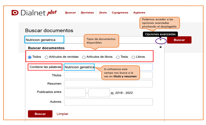 Captura de pantalla mostrando cómo acceder al formulario de búsqueda avanzada de Dialnet Plus y sus opciones: tipos de documentos, campos de búsqueda (Título, Resumen, Autor) y rango de fechas