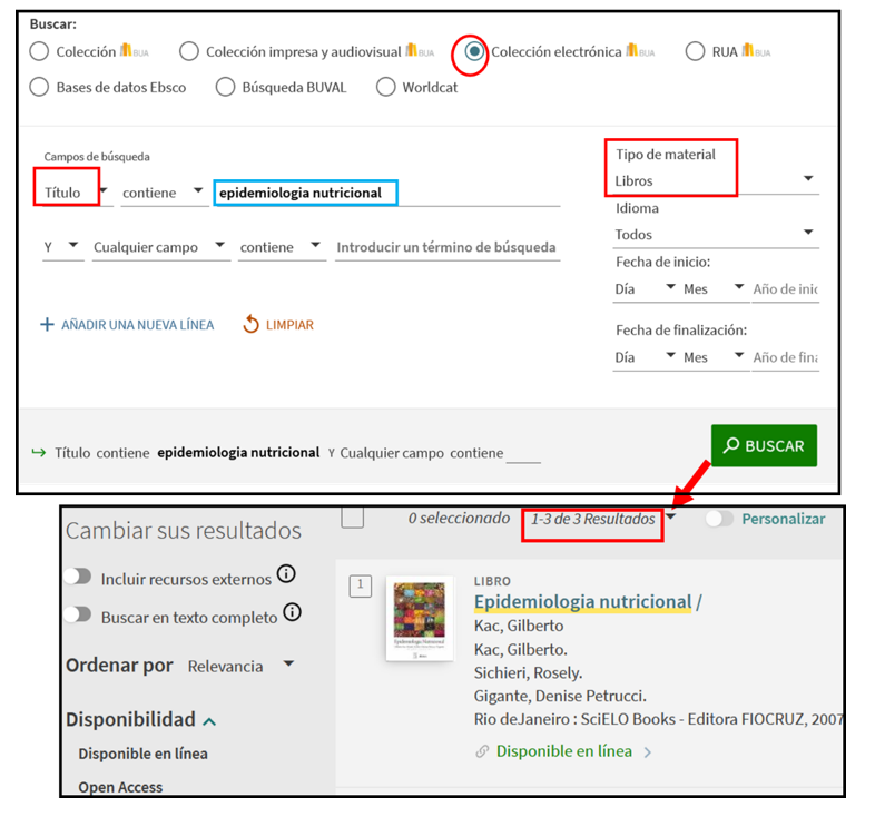Captura de pantalla mostrando cómo utilizar el formulario de búsqueda avanzada del catálogo para buscar el libro-e 'Epidemiología nutricional'