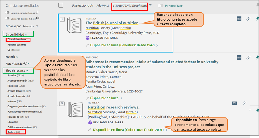 Captura de pantalla mostrando cómo buscar la revista electrónica 'British Journal of Nutrition' utilizando la búsqueda básica del catálogo, seleccionando la opción 'Colección electrónica'