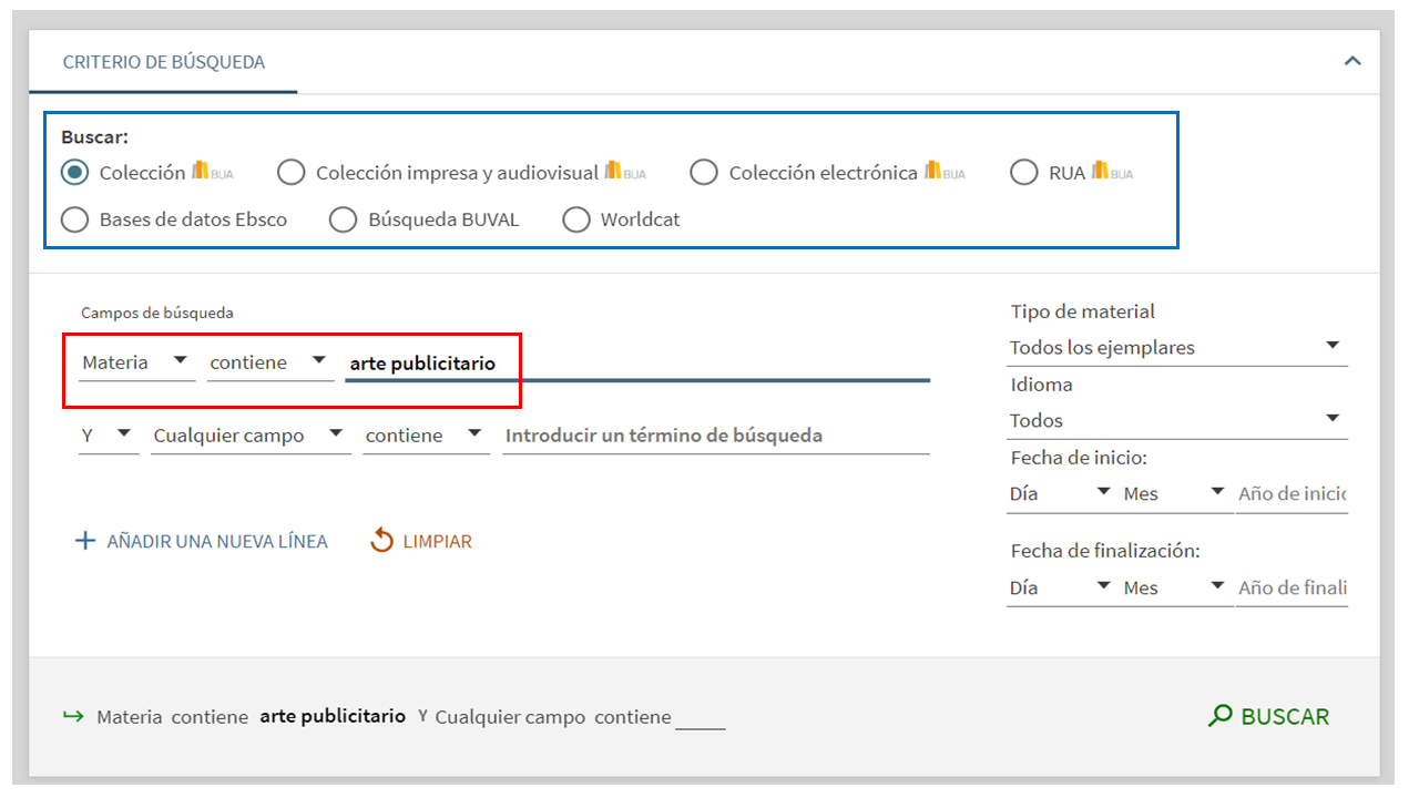 Captura de pantalla del catálogo mostrando cómo buscar la materia 'Arte publicitario' utilizando el formulario de búsqueda avanzada.
