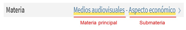 Captura de la materia 'Medios audiovisuales - Aspecto económico', indicando que 'Medios audiovisuales' es la materia principal y que 'Aspecto económico' es la submateria.