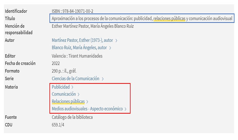 Captura de pantalla del catálogo en la que se muestra que el libro 'Aproximación a los procesos de la comunicación: publicidad, relaciones públicas y comunicación audiovisual' tiene asignadas cuatro materias.