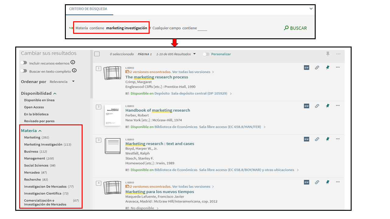 Captura de pantalla del catálogo, mostrando la lista de resultados tras buscar la materia 'marketing investigación', indicando la ubicación del filtro 'Materia'