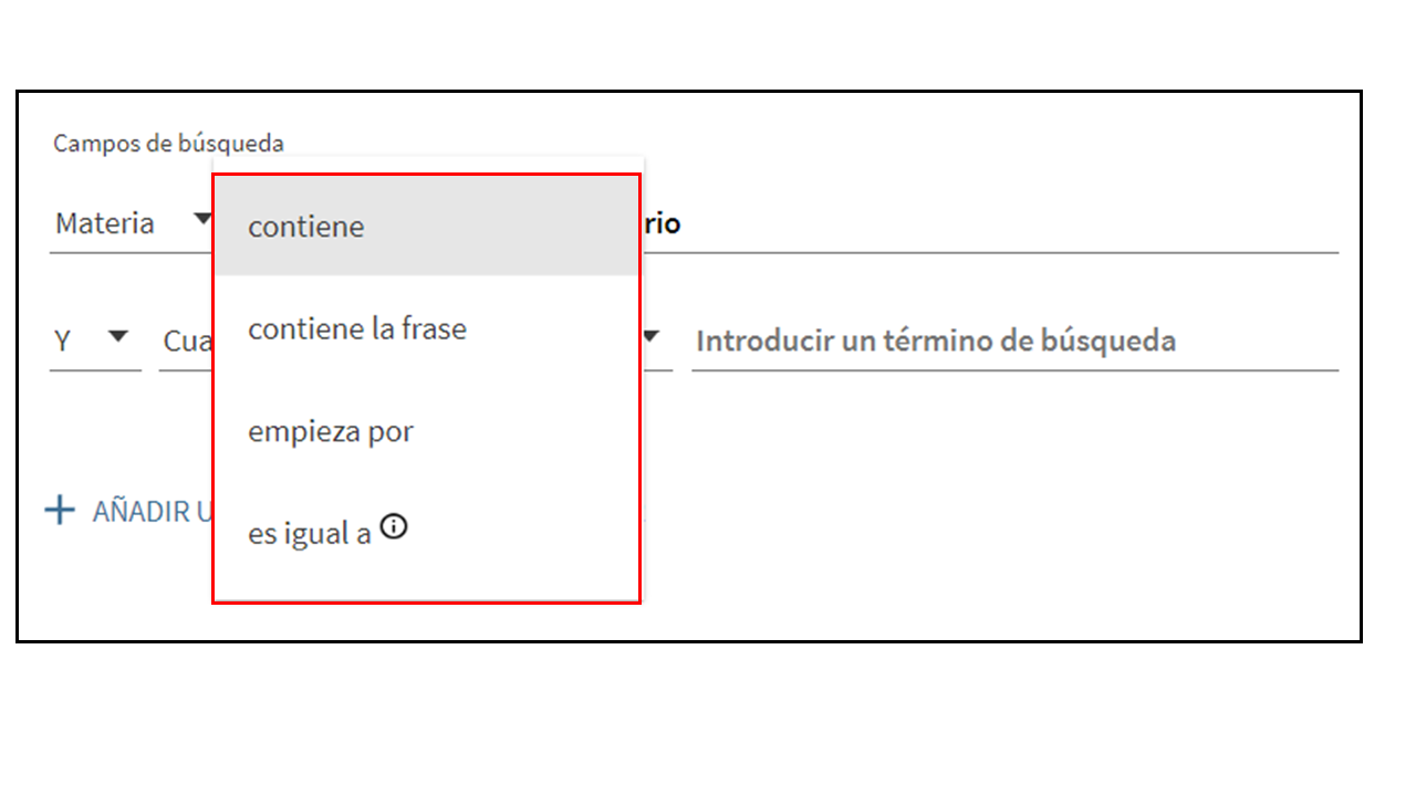 Captura de pantalla en la que se muestran las distintas opciones de búsqueda por materia.