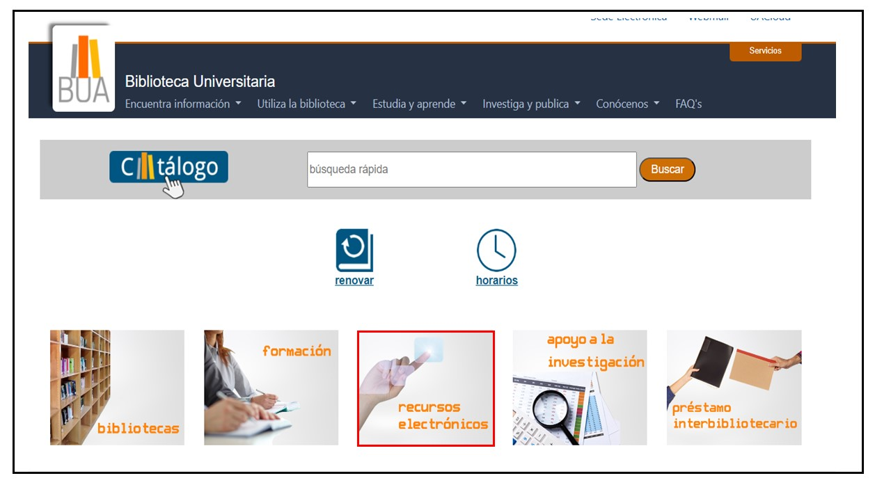Acceso directo a los Recursos-e en la página de inicio de la web de la BUA.