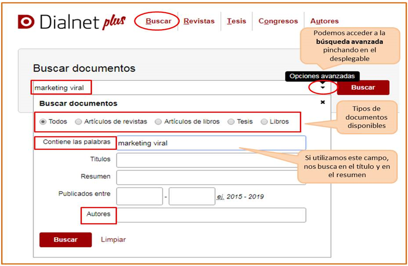 Captura de pantalla mostrando cómo acceder al formulario de búsqueda avanzada de Dialnet Plus y sus opciones: tipos de documentos, campos de búsqueda (Título, Resumen, Autor) y rango de fechas.