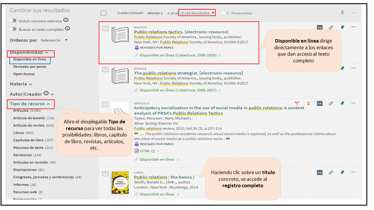 Captura de pantalla mostrando cómo aplicar los filtros 'Disponible en línea' y tipo de material 'Revistas' en la página de resultados