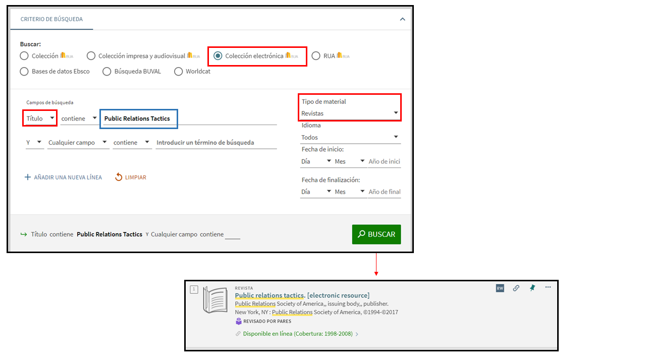 Captura de pantalla mostrando cómo buscar la revista 'Public Relations Tactics' utilizando el formulario de búsqueda avanzada