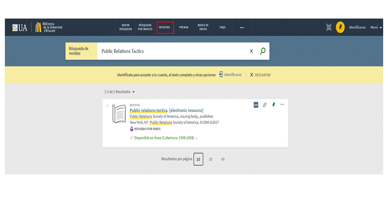 Captura de pantalla mostrando cómo utilizar el buscador de revistas para encontrar la revista 'Public Relations Tactics'