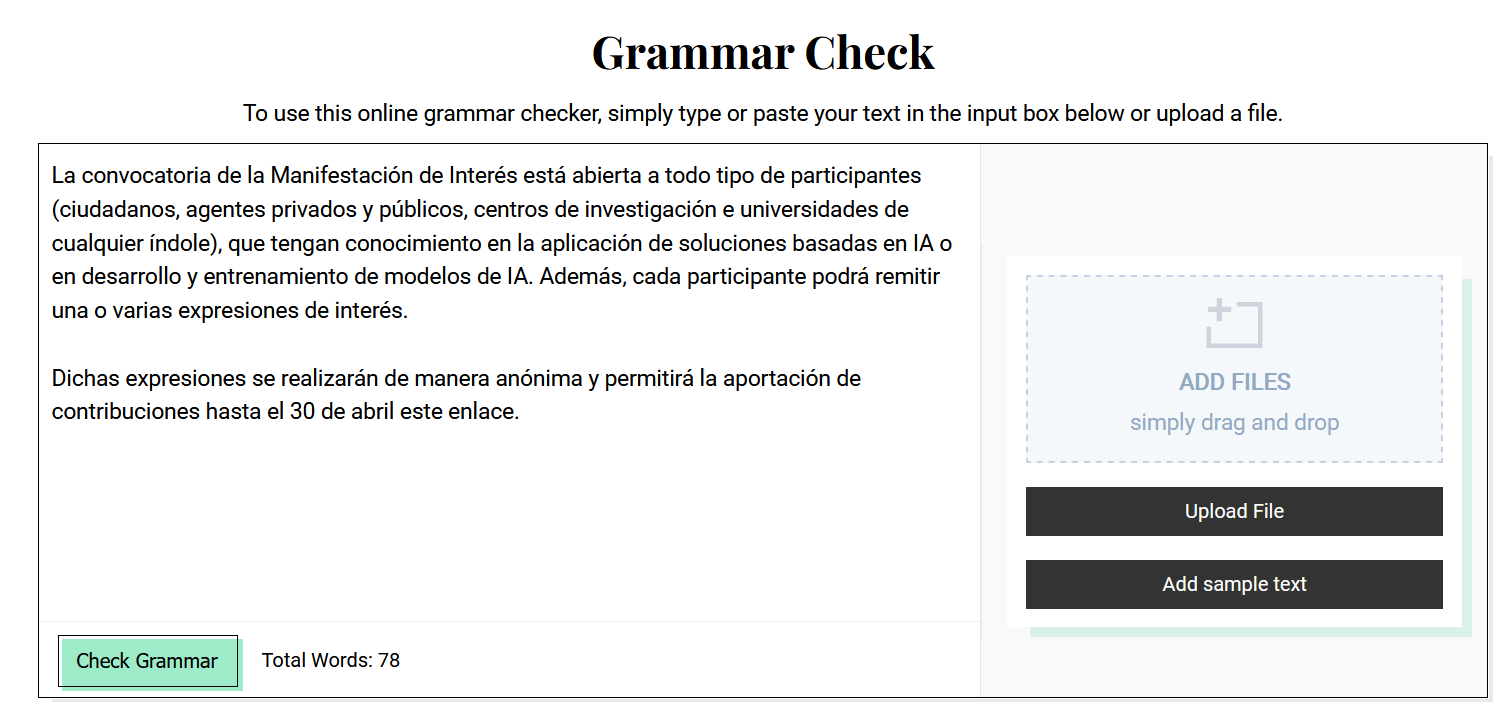 Captura de packerntalla editor de texto Grammar Che