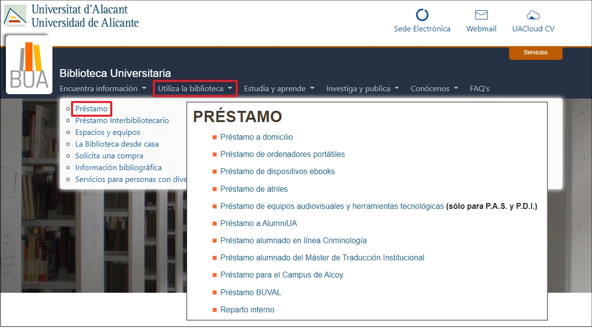 Opciones del servicio de préstamo en la BUA