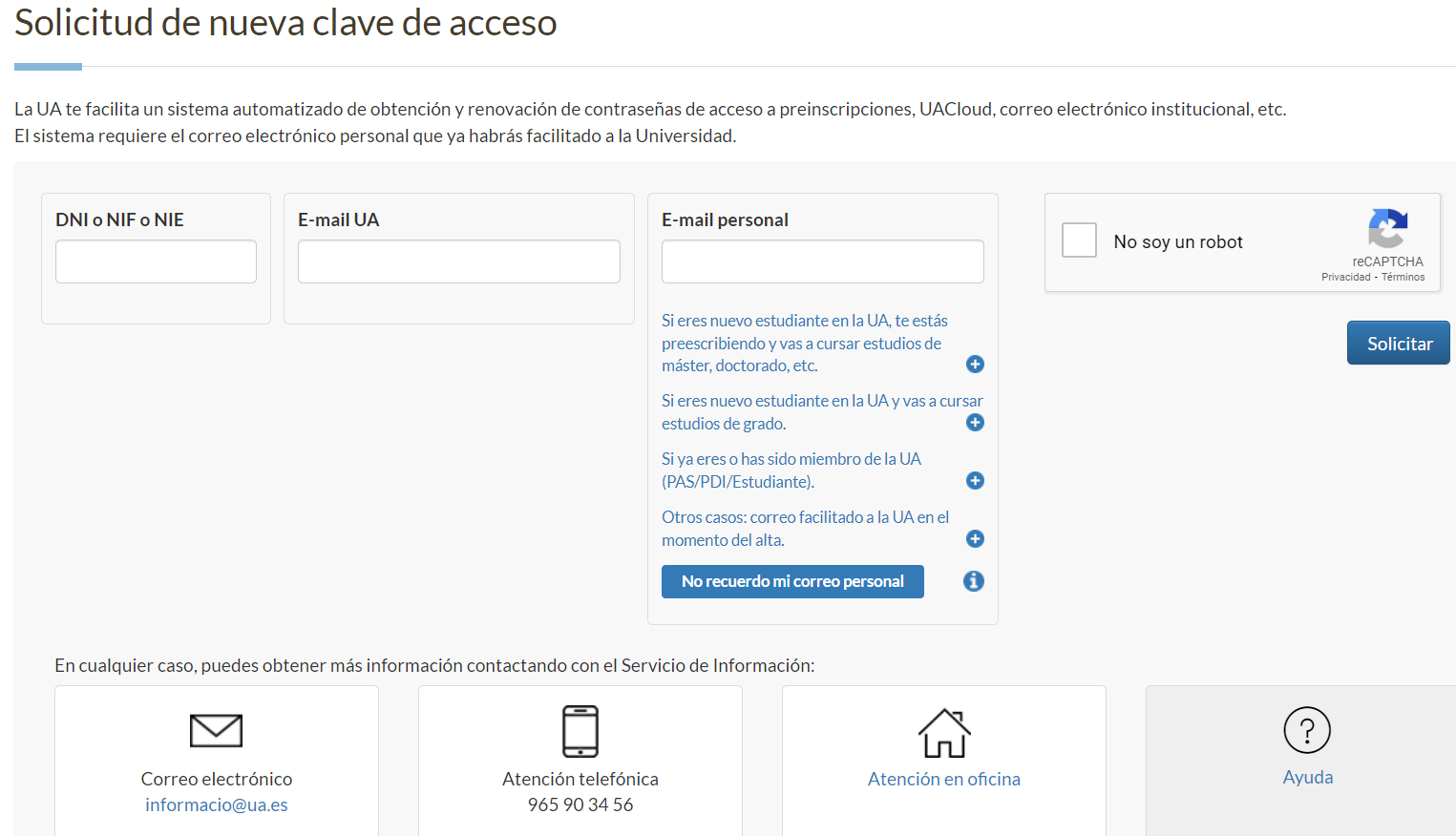 Aparece la ventana que da opción a solicitar nueva clave de acceso