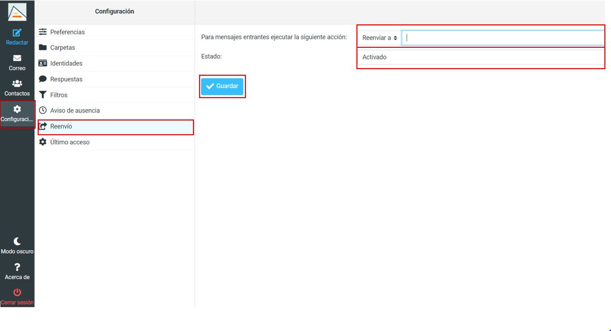 Aparece la opción de configuración de redirección de correo de webmail