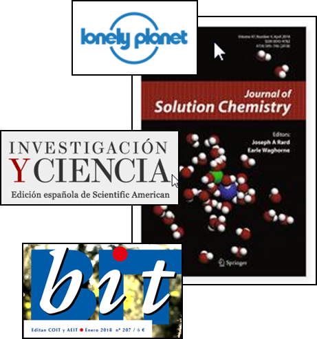 Imagen que recoge diversas portadas de revistas científicas (Journal of Solution Chemistry), profesionales (Bit) y divulgativas (Investigación y ciencia, Lonely Planet)