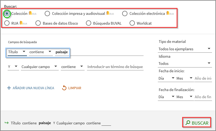 Imagen que reproduce el formulario de búsqueda avanzada del catálogo, con un ejemplo de búsqueda por el término paisaje en el campo título y en toda la colección de la BUA.