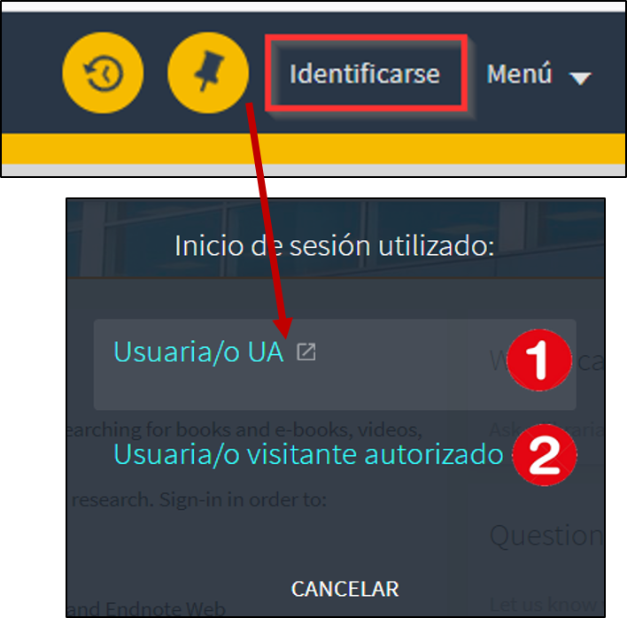 Imagen que refleja cómo identificarse en el catálogo. Los miembros de la UA como usuario/a autorizado/a; el resto de usuarios como usuario/a o visitante identificado/a