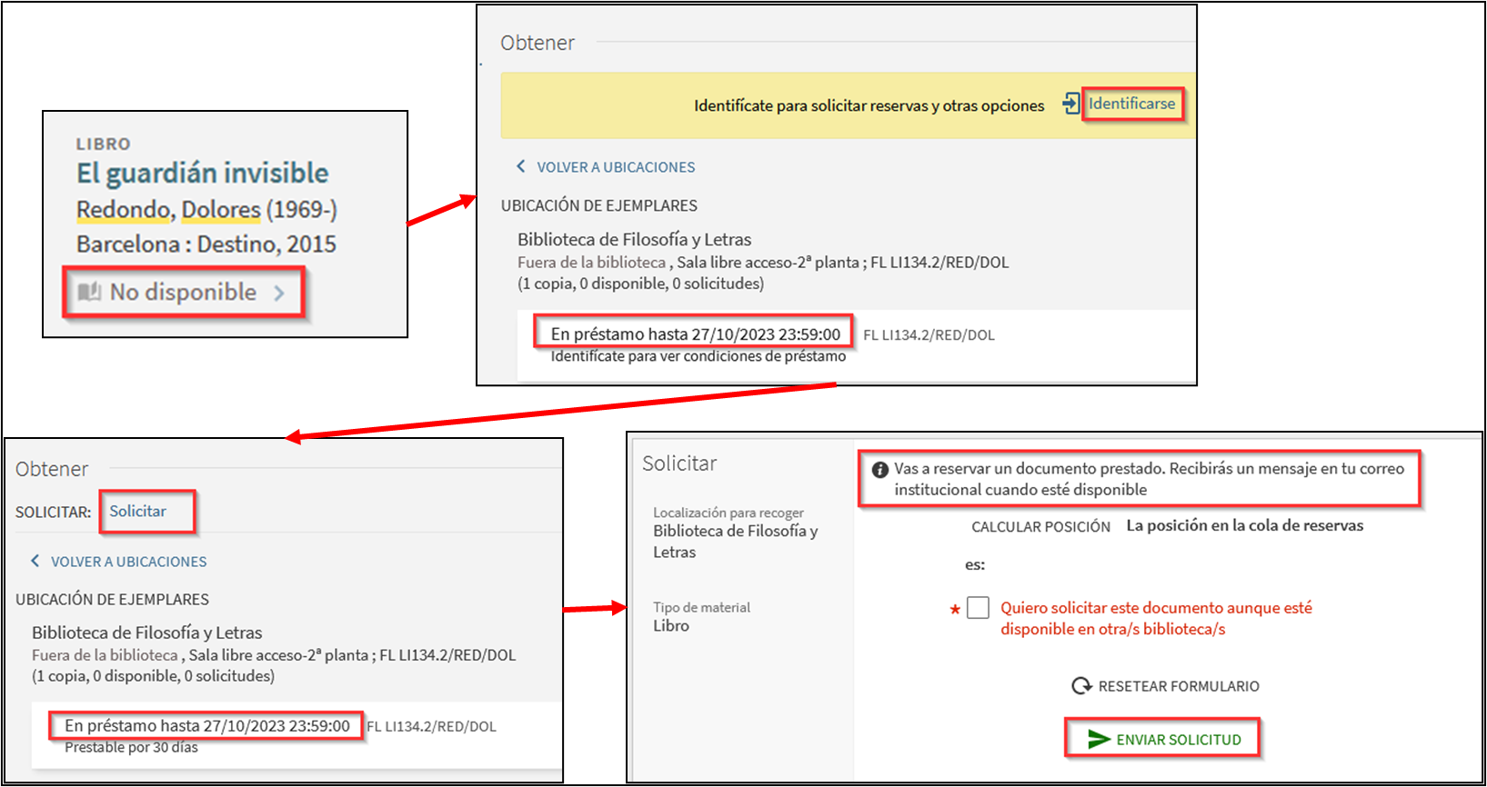 Imagen que refleja el procedimiento para realizar una reserva, pinchando en solicitar una vez identificado como usuario/a en el catálogo.