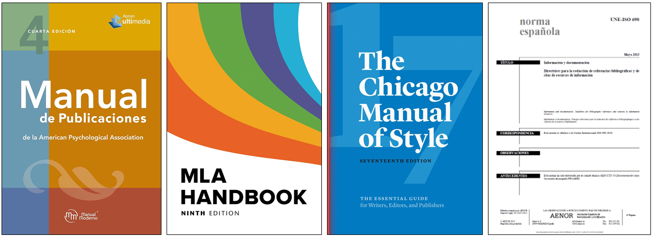 Cubiertas de los manuales oficiales de los estilos APA (4ª edición), MLA (9ª edición), Chicago (17ª edición) y de la norma española UNE-ISO 690:2013