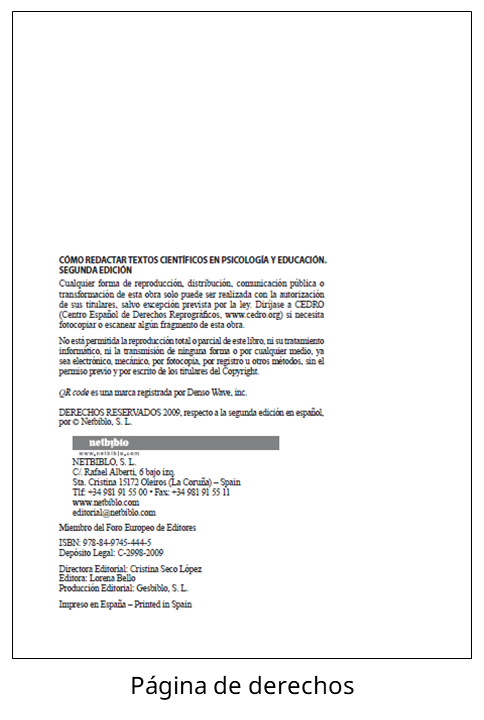 Página de derechos del libro 'Cómo redactar textos científicos en Psicología y Educación' (2ª edición)