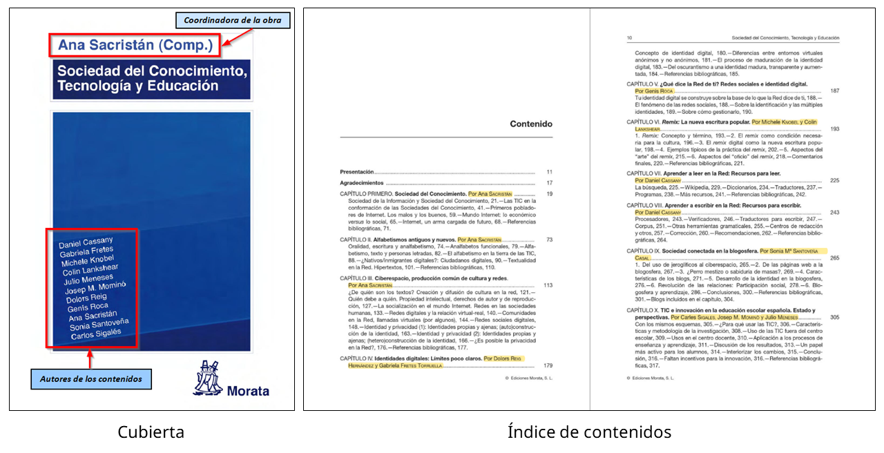 Cubierta e índice de contenidos del libro 'Sociedad del Conocimiento, Tecnología y Educación'. En la cubierta se diferencia la coordinadora de la obra de los autores de los contenidos. En el índice de contenidos se destacan los autores de cada capítulo.